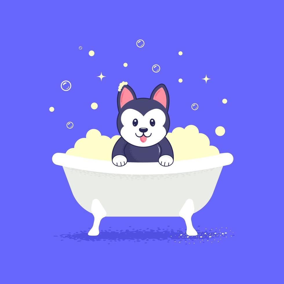 illustrazione cartoon vettoriale di un simpatico husky in stile kawaii che fa un bagno pieno di schiuma di sapone.