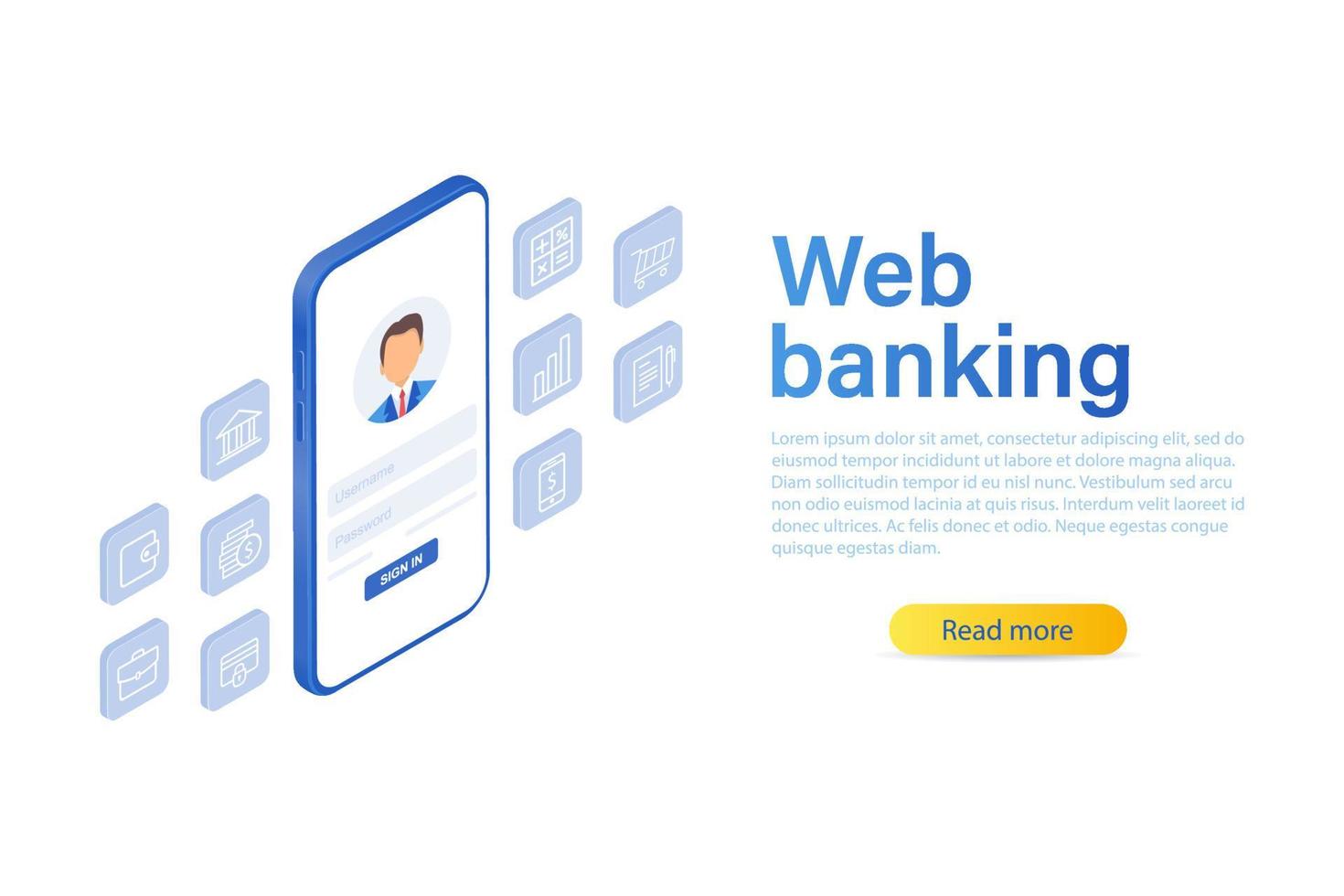 illustrazione vettoriale isometrica di una banca mobile. servizi finanziari digitali e acquisti online. Internet banking per telefono.