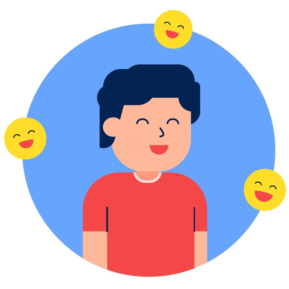 ragazzo felice e decorazione emoticon sorriso. illustrazione piatta. adatto per la giornata felice internazionale vettore