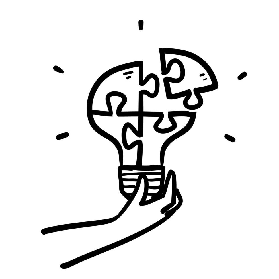 lampadina disegnata a mano con puzzle concetto illustrazione vettore isolato in stile doodle