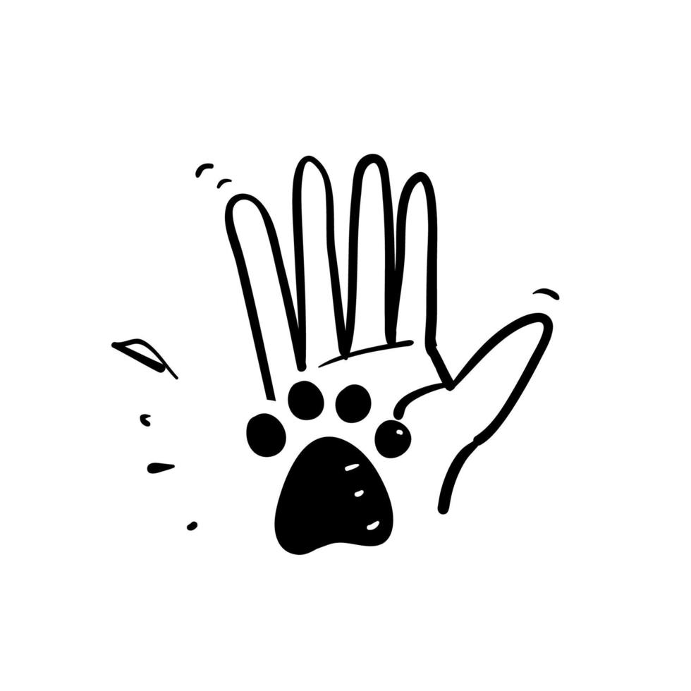 doodle disegnato a mano mano umana e zampa animale illustrazione vettore isolato