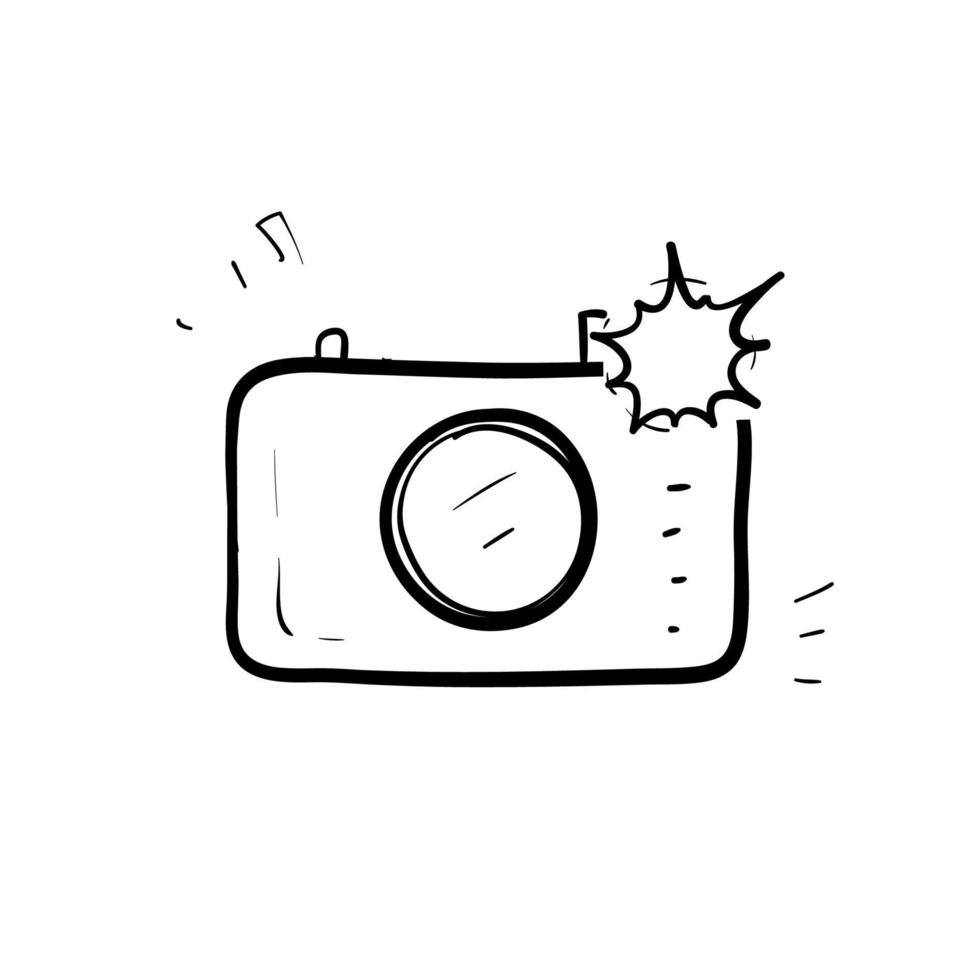 vettore di illustrazione dell'icona della fotocamera e della luce flash disegnata a mano con doodle isolato