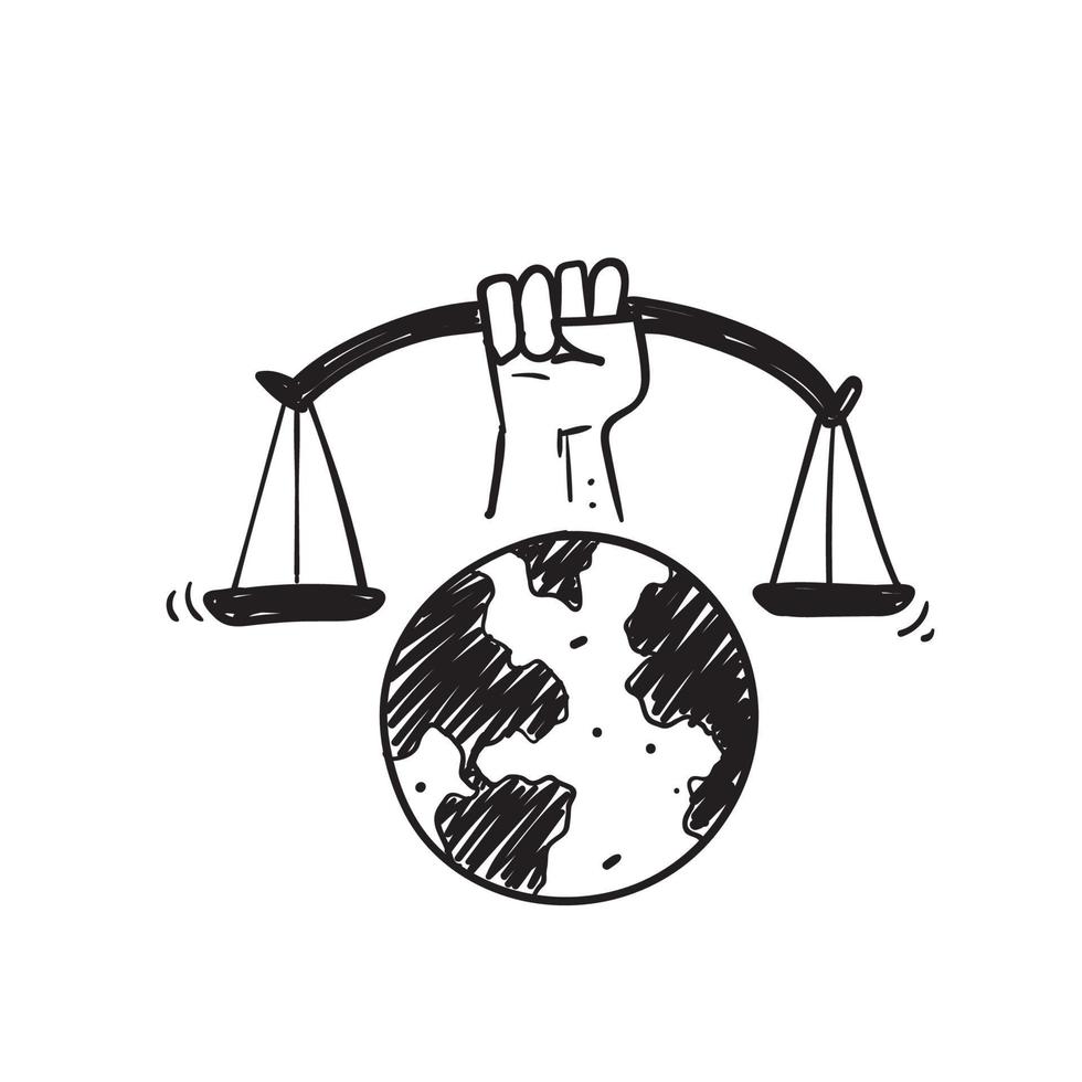 simbolo dell'illustrazione della scala del peso della tenuta della mano di doodle disegnato a mano per l'icona del giorno sociale della giustizia isolata vettore