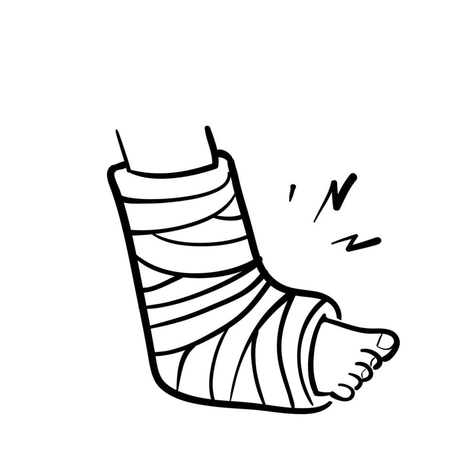 gamba rotta doodle disegnato a mano nel vettore di illustrazione della benda