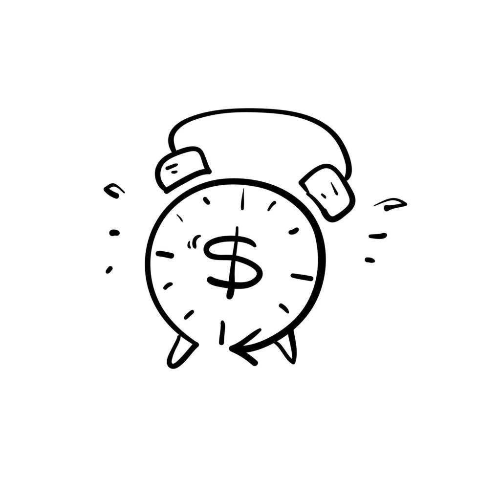 orologio doodle disegnato a mano e concetto di denaro per il tempo è denaro illustrazione vettore isolato