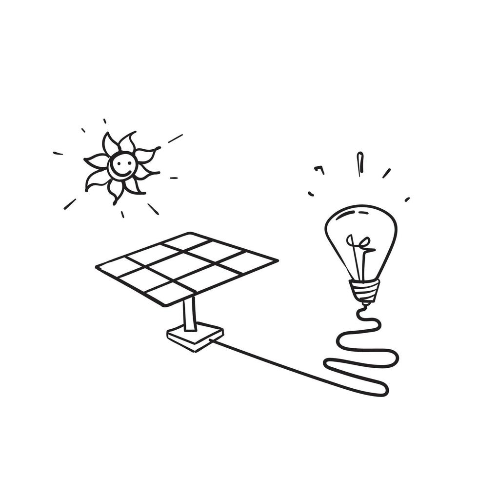 simbolo disegnato a mano del pannello solare e della lampadina di scarabocchio per l'illustrazione di energia solare vettore