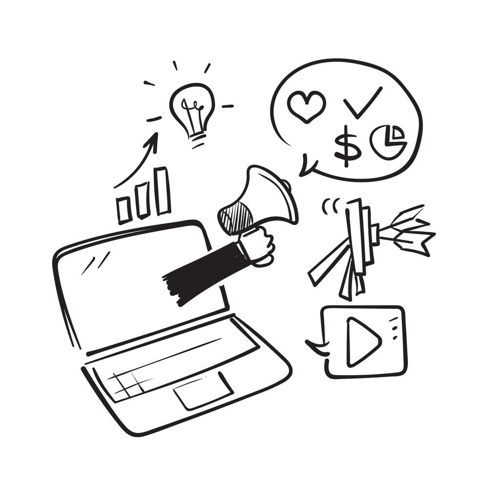 marketing digitale doodle disegnato a mano, vettore di illustrazione di analisi web isolato