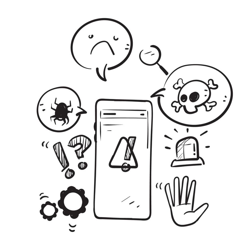 icona dell'illustrazione di avviso di frode mobile disegnata a mano di doodle isolata vettore