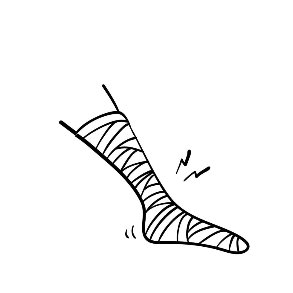 gamba rotta doodle disegnato a mano nel vettore di illustrazione della benda