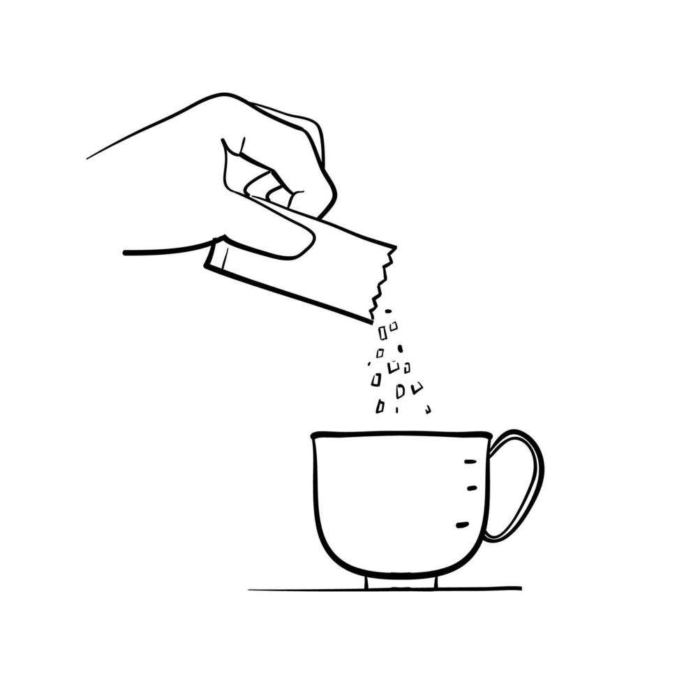 doodle disegnato a mano che versa zucchero nel vettore dell'illustrazione della tazza isolato