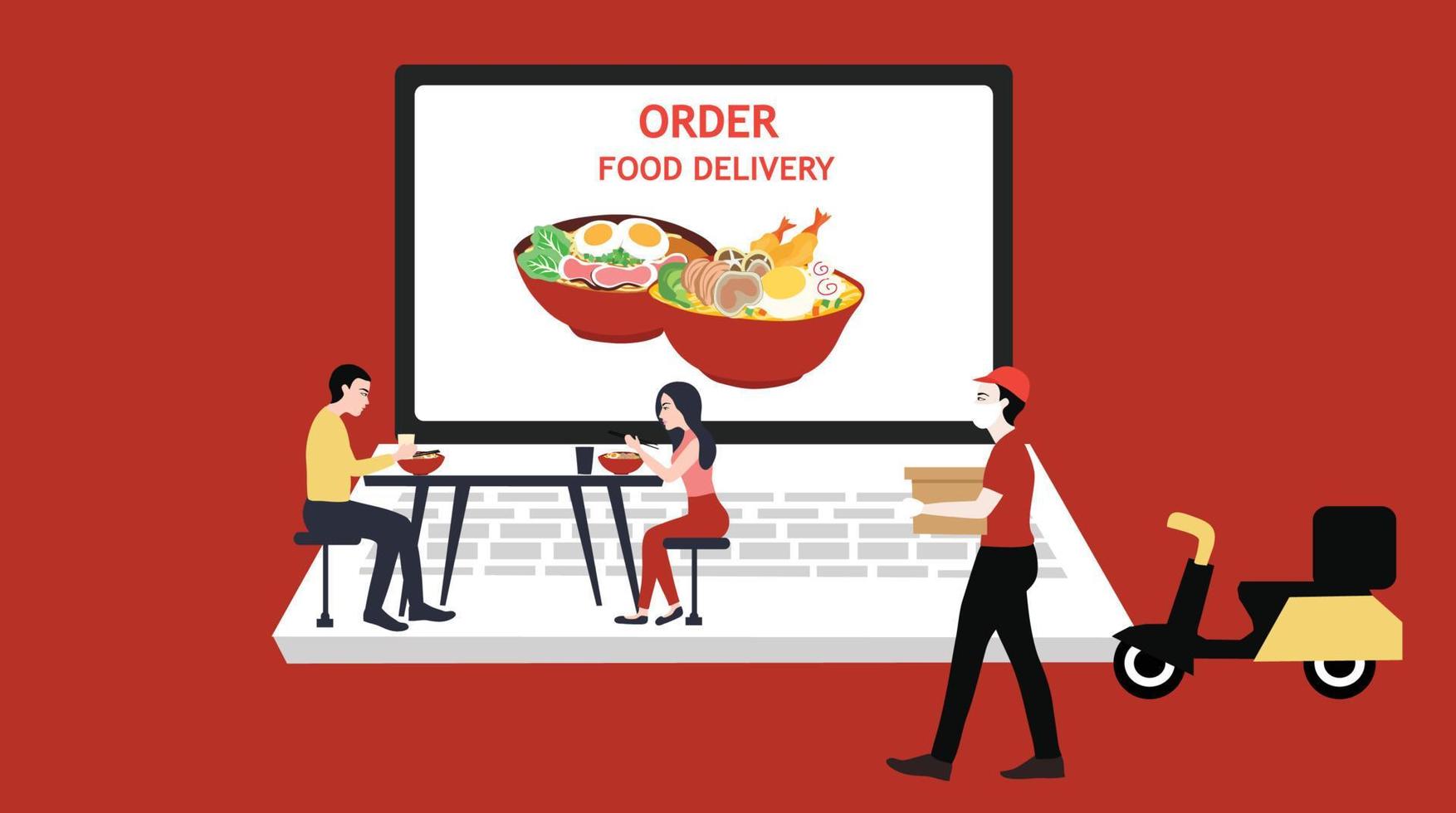 concetto di ordinazione per la consegna di cibo immagine del cibo sullo schermo del laptop e illustrazione vettoriale del personale dell'addetto alle consegne. sfondo del concetto di servizio di consegna