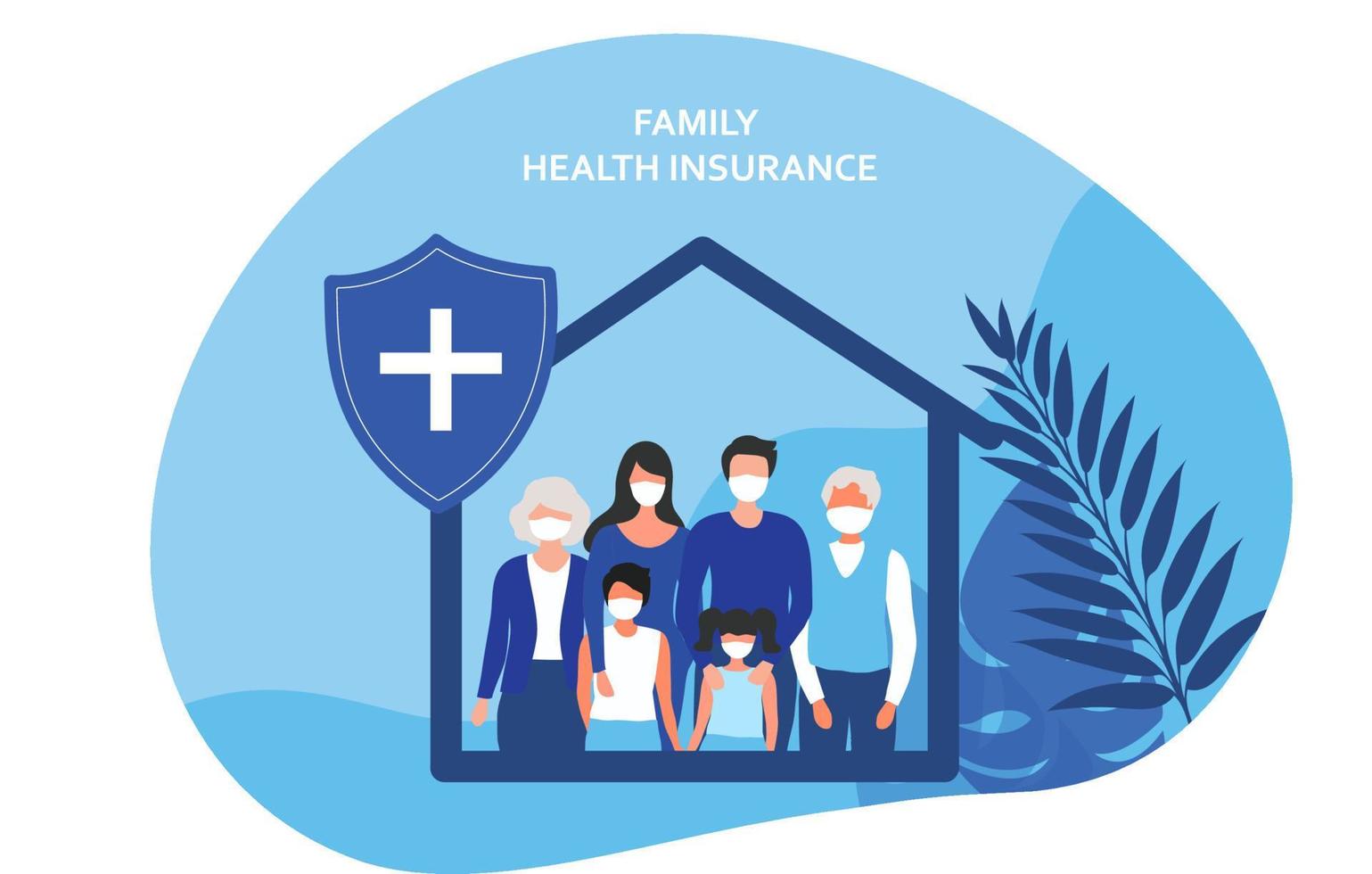 concetto di assicurazione sanitaria e sulla vita familiare, la famiglia acquista un'assicurazione per proteggere l'illustrazione vettoriale della famiglia. assistenza sanitaria, assicurazione e