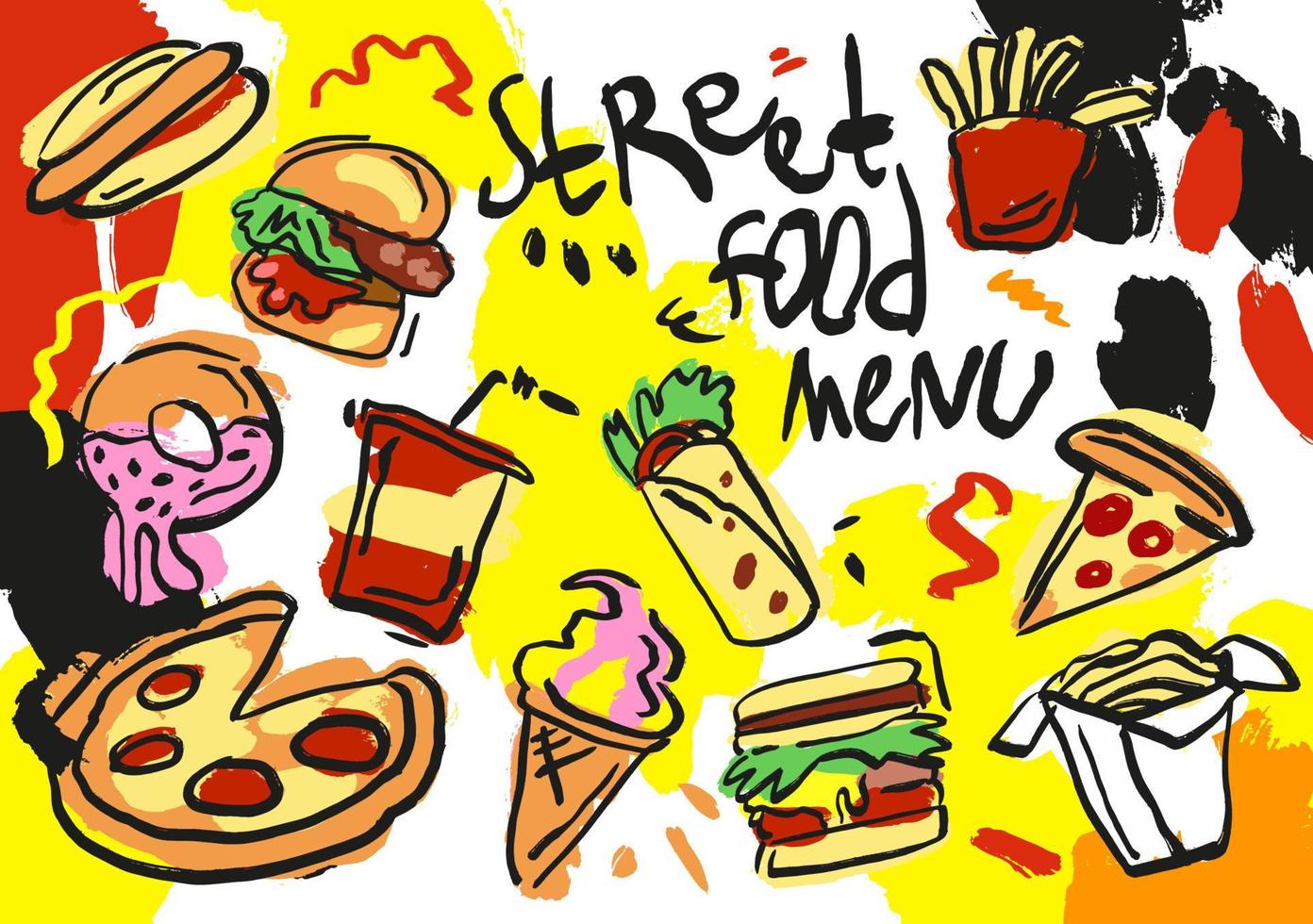 set di disegnati a mano isolati su sfondo bianco e colorato, scarabocchio del menu del cibo di strada. ciambella, gelato, hot dog, hamburger, illustrazione vettoriale colorato, patatine fritte, pizza, soda, shawarma, tagliatelle