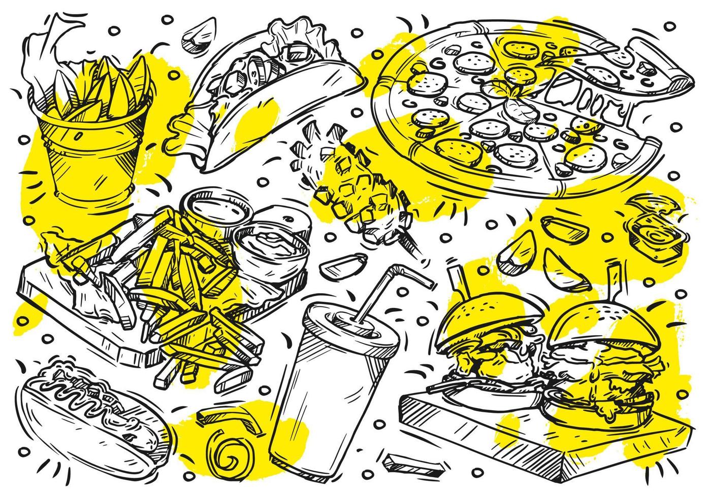 illustrazione della linea vettoriale disegnata a mano su sfondo bianco. doodle collection street menu fast food, hamburger artigianale, tortilla, pizza ai peperoni, senza francese, spicchi di patate, bibita gassata, salsa, hot dog