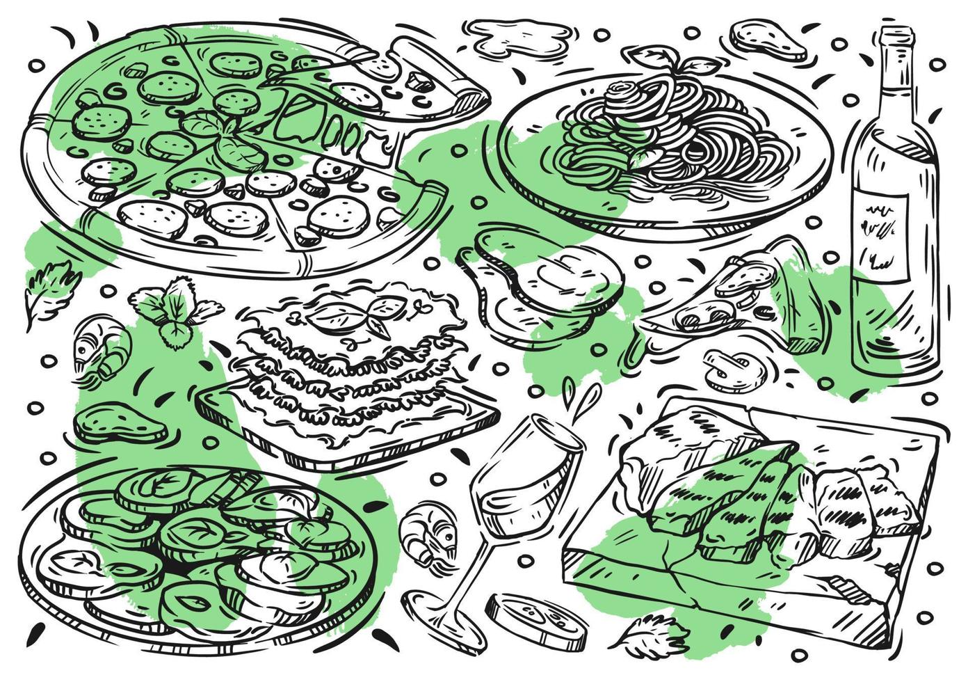 illustrazione di linea vettoriale disegnata a mano cibo su lavagna bianca. doodle cucina italiana, pizza, carne alla griglia, pasta, lasagne, caprese, vino bianco