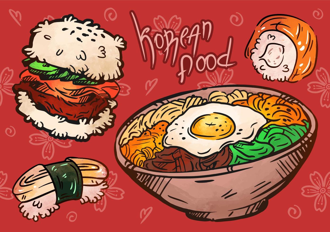 illustrazione della cucina coreana. schizzo disegnato a mano. bibimbap, panini, sushi, hamburger di riso. cibo di strada coreano, design del menu da asporto. set di colori vettoriali