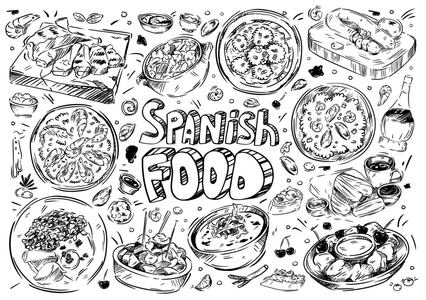 illustrazione vettoriale disegnata a mano. scarabocchiare cibo spagnolo, gazpacho, fabada, paella, patatas bravas, chorizo, leche frita, churros, vino, tapas, gamberi all'aglio, allioli, albondigas
