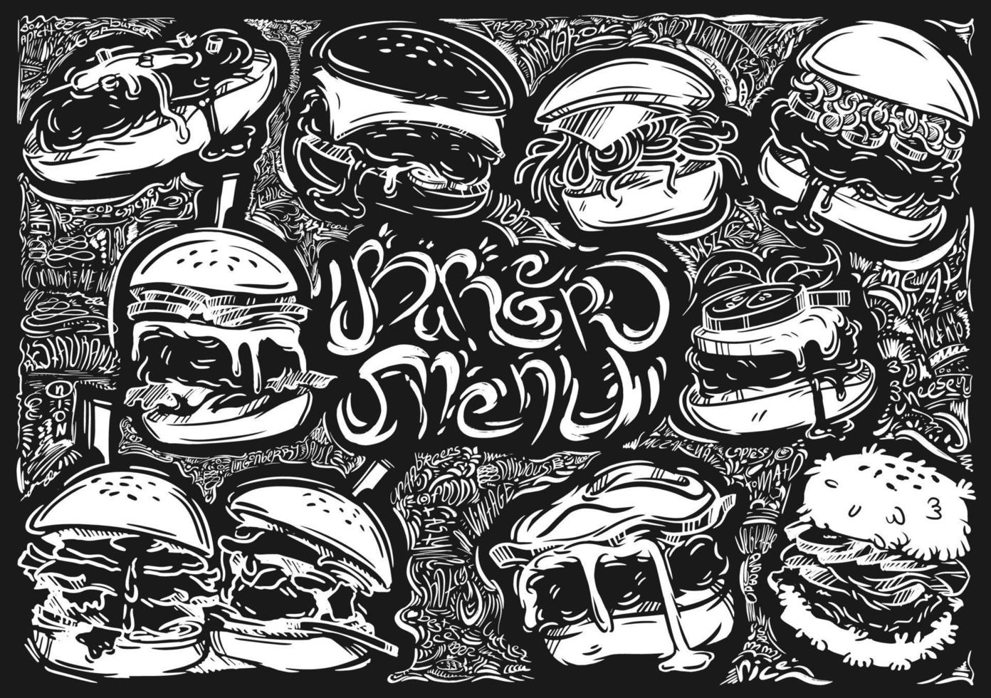 cibo di design vettoriale con illustrazioni grafiche di hamburger su sfondo nero. elementi vintage, parole, lettere