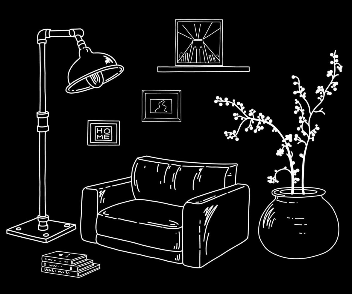concetto di interior design. mobili in stile industriale. soggiorno di disegno a mano con poltrona, lampada, cornice sul muro, vaso e pianta di casa. vettore