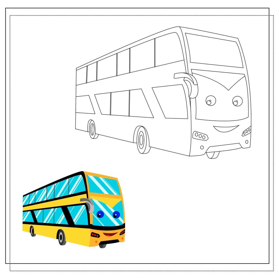 un libro da colorare di autobus a due piani cartone animato con grandi finestre con occhi e un sorriso. bozzetto e versione a colori. vettore