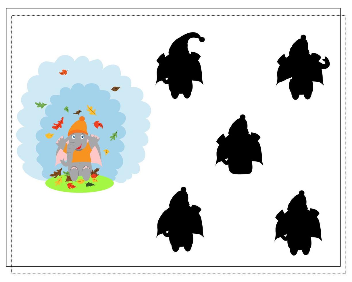gioco per bambini trova l'ombra giusta, simpatici cartoni animati di elefanti. autunno. vettore