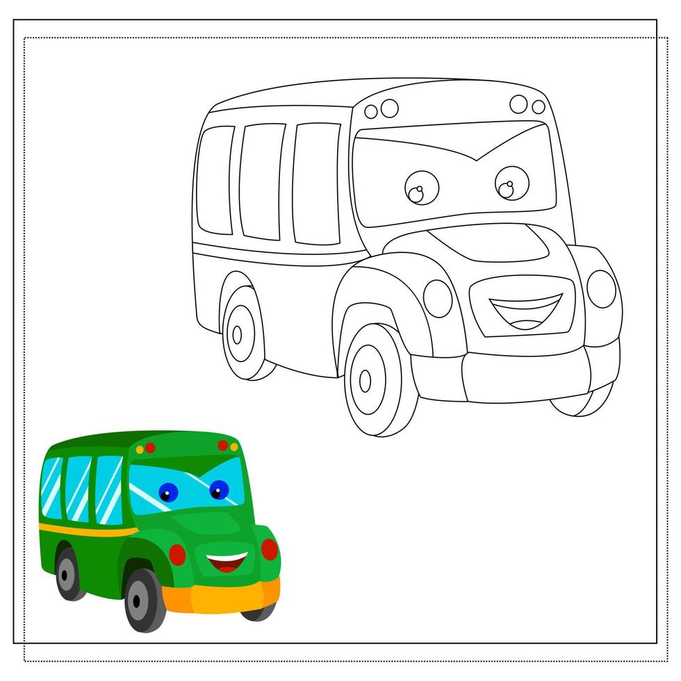 un simpatico cartone animato bus libro da colorare con gli occhi e un sorriso. bozzetto e versione a colori. vettore