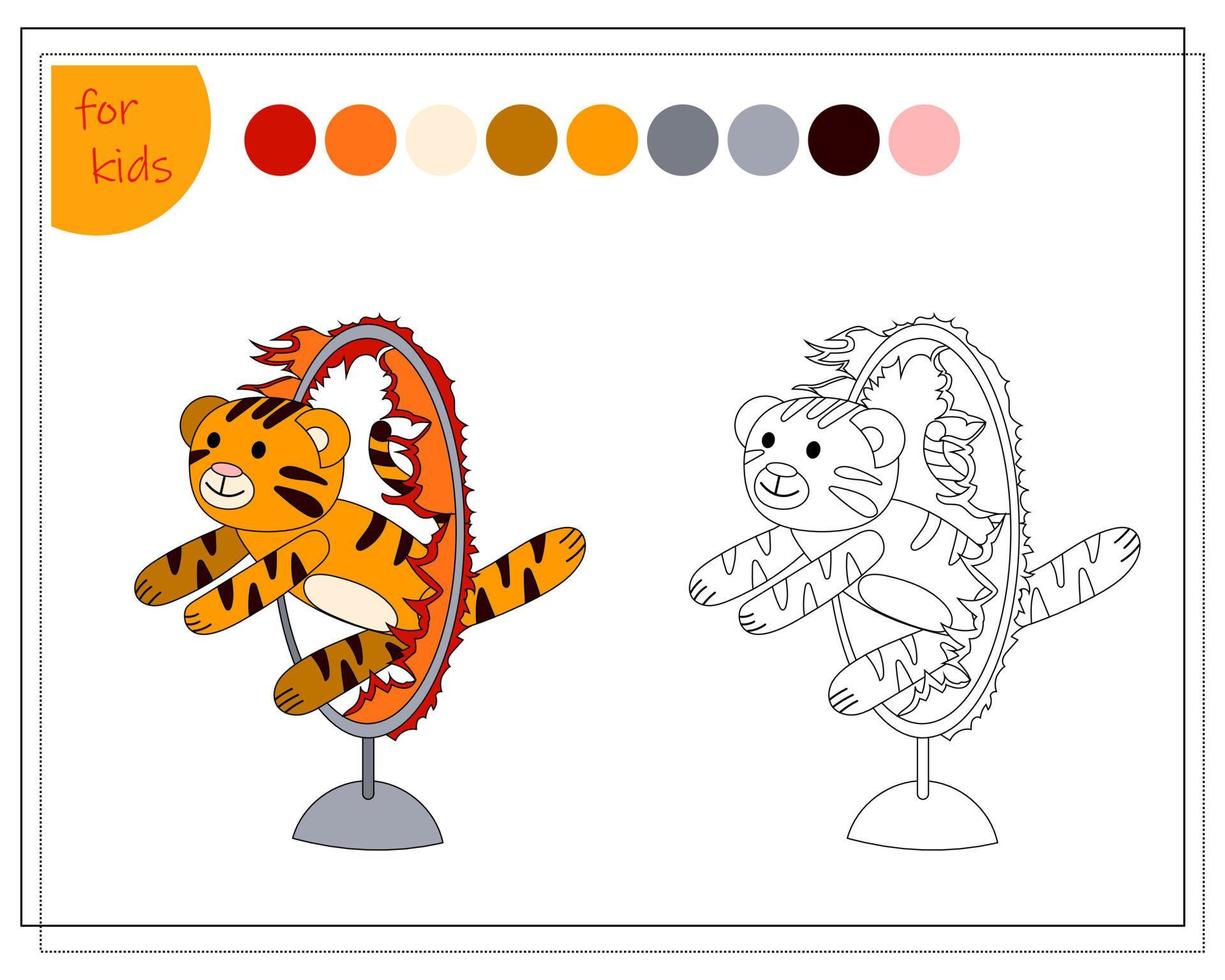 libro da colorare per bambini dai colori. tigre nel circo, vettore