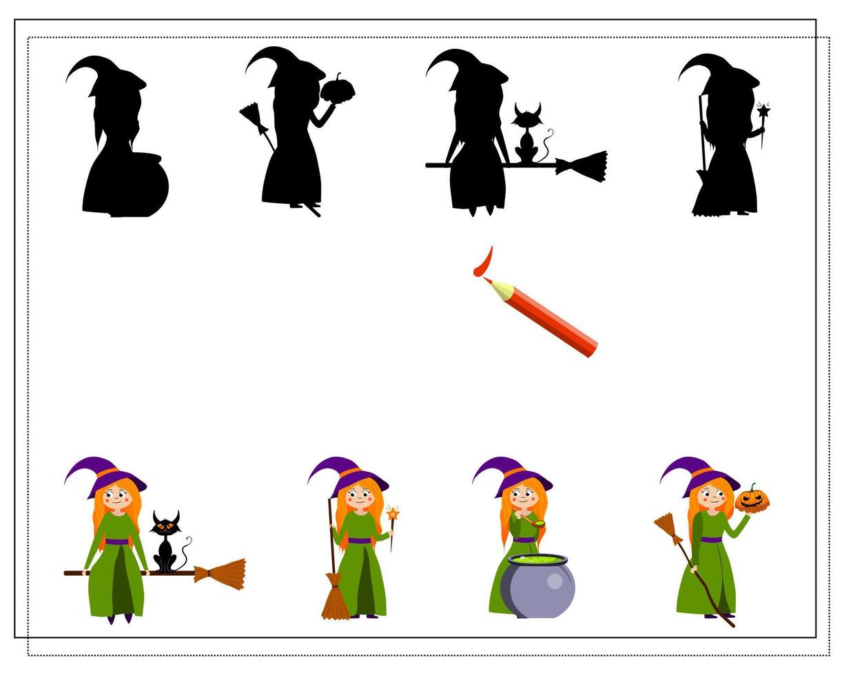 gioco per bambini trova le streghe dei cartoni animati con l'ombra giusta con il cappello e con una scopa, vettore