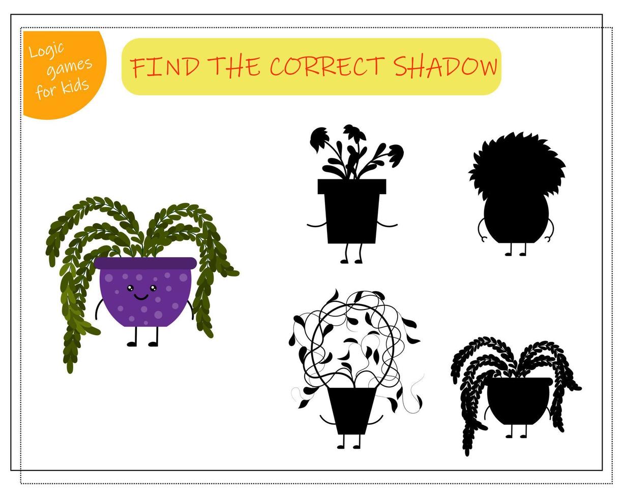 gioco di logica per bambini trova l'ombra giusta, fiore carino cartone animato in un vaso kawaii. vettore