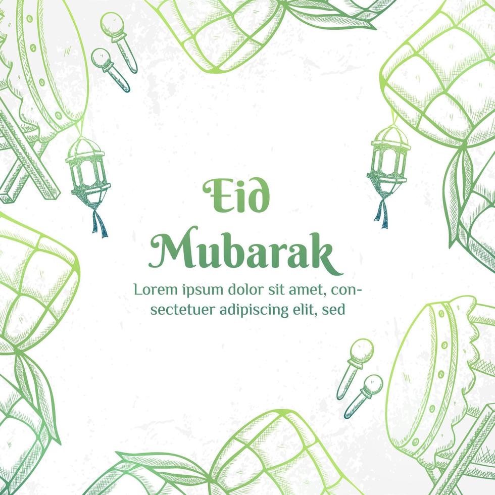 illustrazione di eid mubarak con concetto di ketupat, bedug e lanterna. stile schizzo disegnato a mano vettore