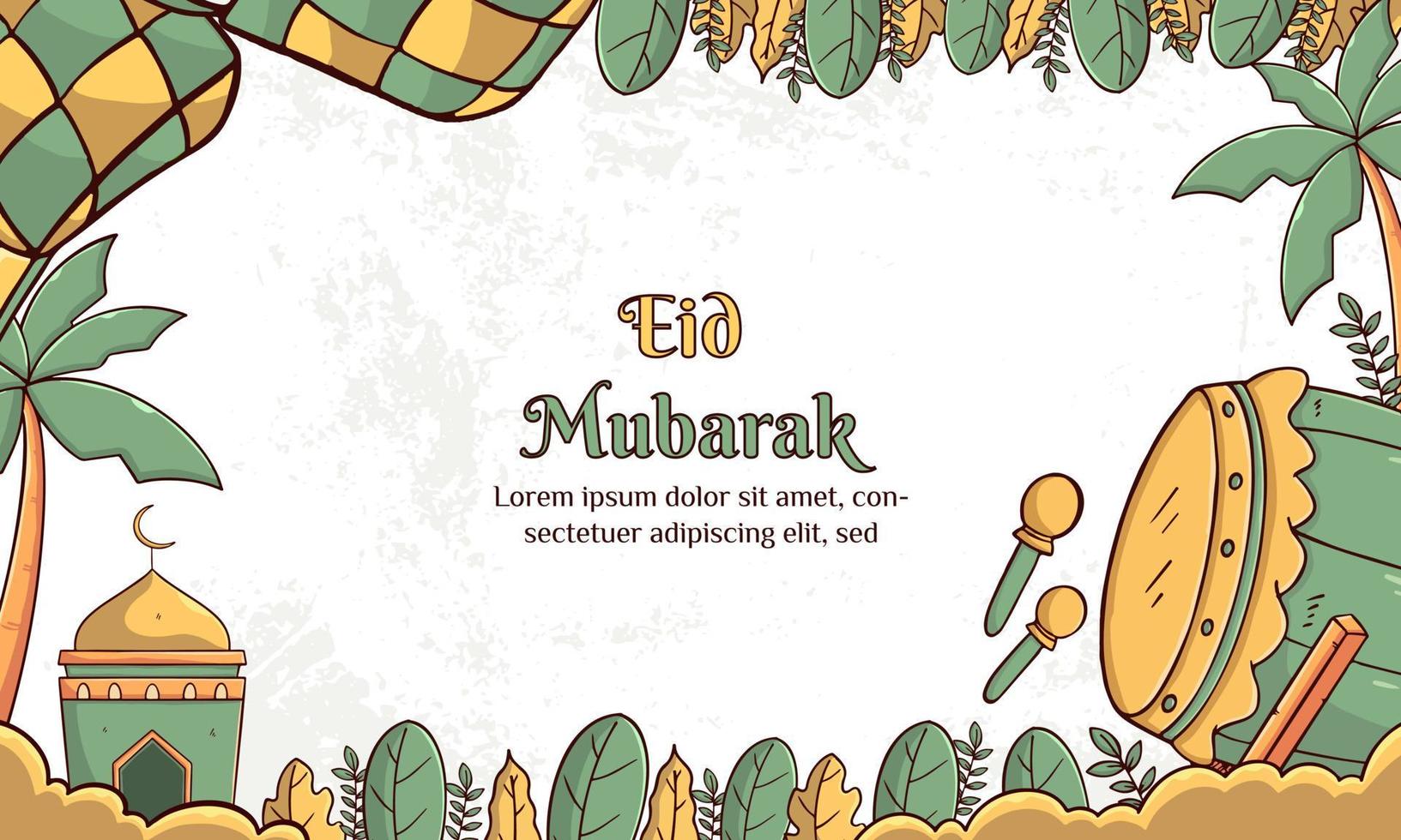 illustrazione di eid mubarak con il concetto di ketupat e bedug. stile disegnato a mano e piatto vettore