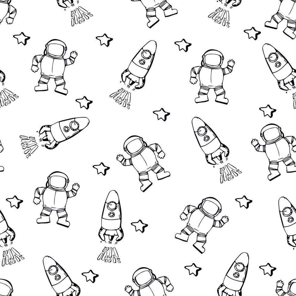 modello senza cuciture dello spazio. spazio disegnato a mano, astronavi, razzi, stelle. sfondo vettoriale per bambini alla moda. modello senza cuciture di elementi spaziali disegnati a mano. spazio scarabocchio indietro