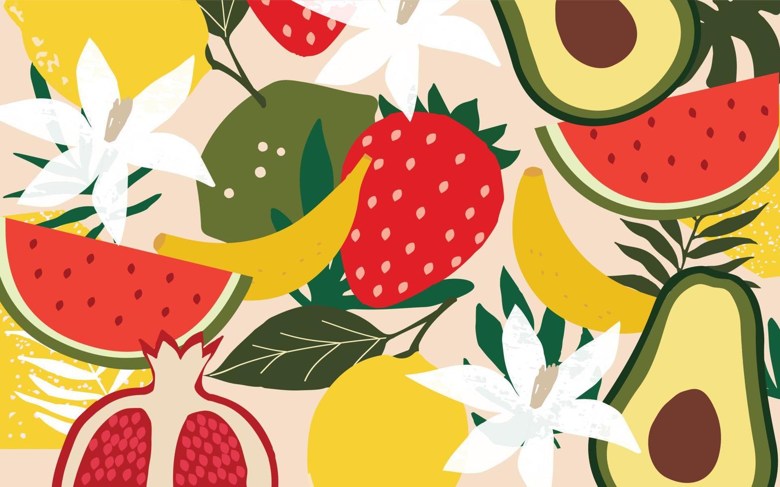 poster di frutta esotica. design tropicale estivo con mix colorato di frutta, fragola, melograno, avocado, banana, limone e anguria. dieta sana, illustrazione vettoriale di sfondo alimentare vegano