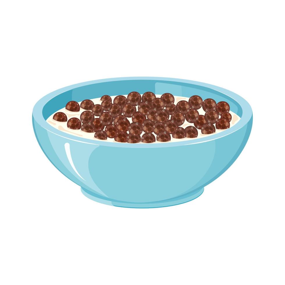 palline di cioccolato ai cereali. cereali in una ciotola di latte. colazione dolce proteica per bambini. vettore