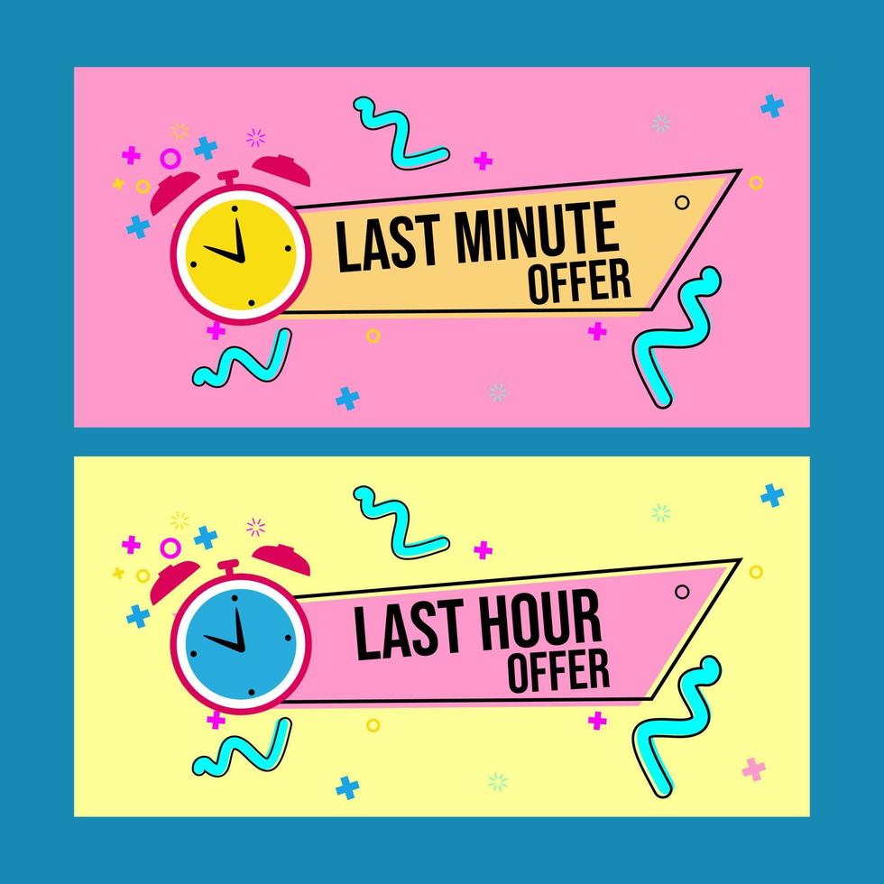 set di banner pubblicitari di offerte last minute con l'icona dell'orologio. design piatto per sfondo pubblicitario vettore