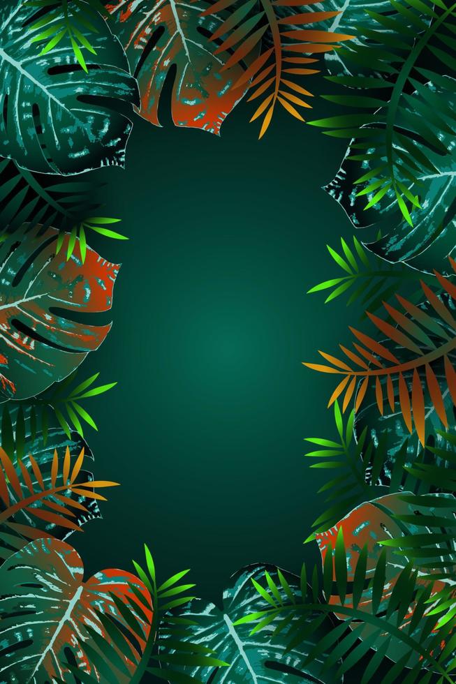 design volantino tropicale verde estivo con fiori tropicali e foglie di monstera. disegno del telaio. copia spazio vettore