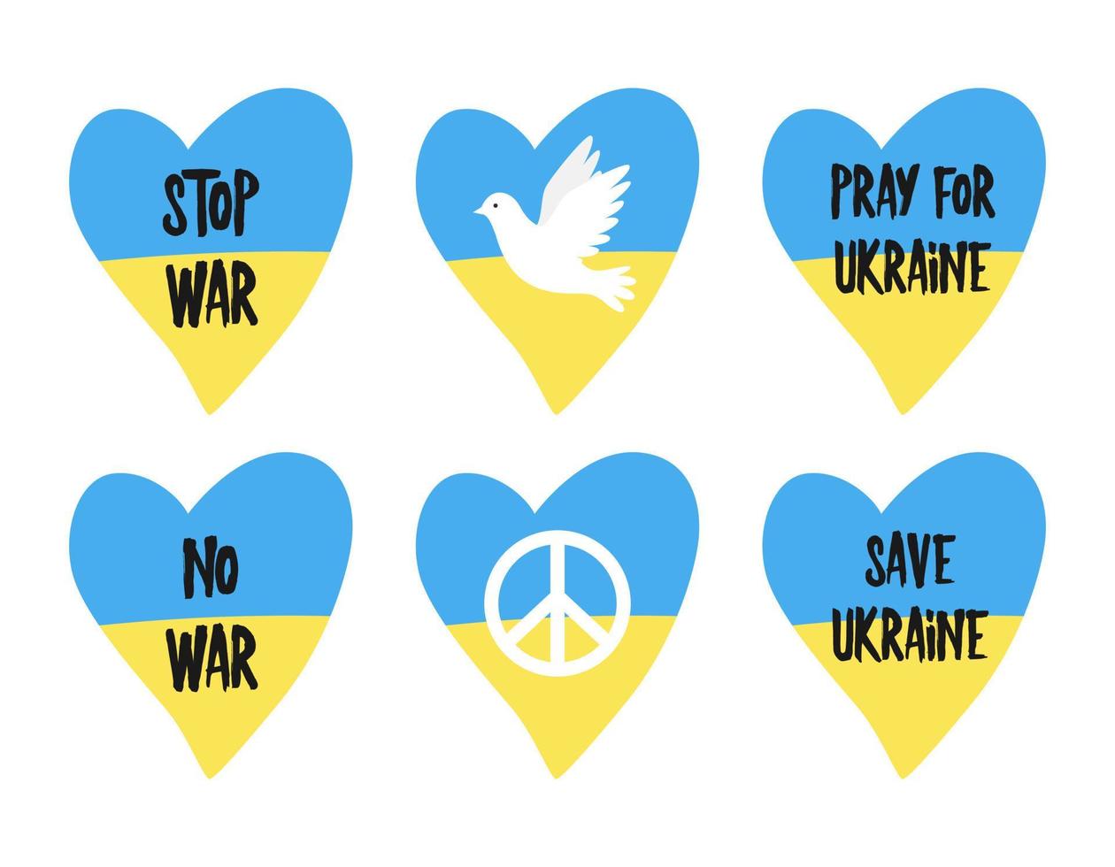 un insieme di cuori nei colori della bandiera ucraina con le parole - stop war, no war, prega per l'ucraina, salva l'ucraina, colomba e simbolo di pace. illustrazione in uno stile piatto, isolato su un bianco. vettore