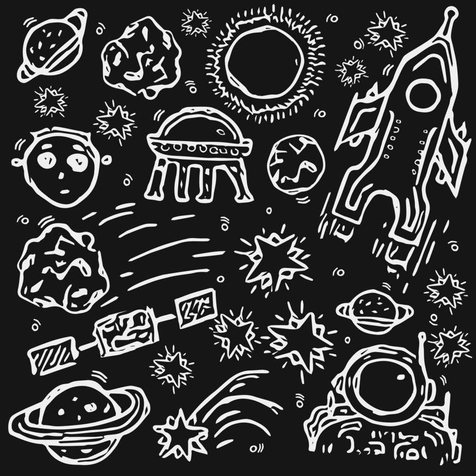 set di icone sul tema dello spazio. vettore del cosmo. vettore di doodle con icone del cosmo su sfondo nero