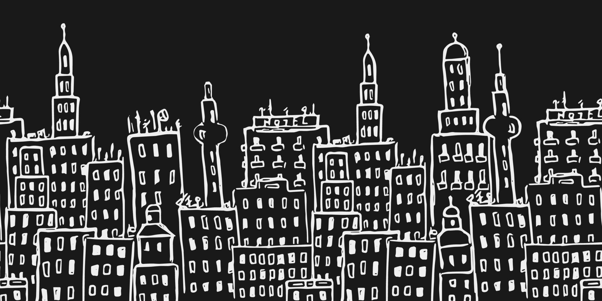 modello senza cuciture orizzontale nero con edifici della città. sfondo bianco e nero vettore