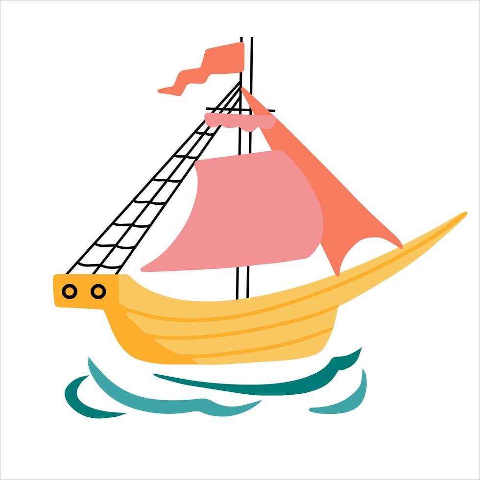 nave di legno d'epoca con vele nell'icona del mare disegnata a mano in stile doodle. illustrazione vettoriale
