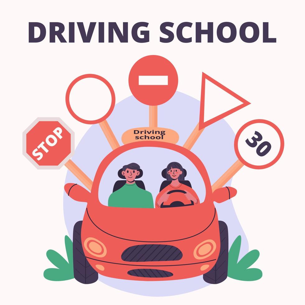 concetto di scuola guida. giovane donna guida una piccola macchina rossa con istruttore. intorno a un'auto diversi segnali stradali vettore