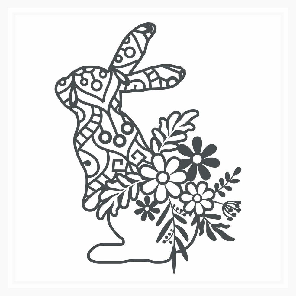 mandala coniglietto con fiore. vettore, linea arte vettore