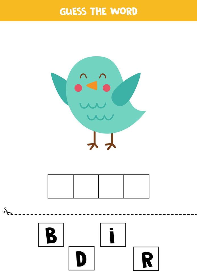 gioco di ortografia per bambini. simpatico uccello cartone animato. vettore
