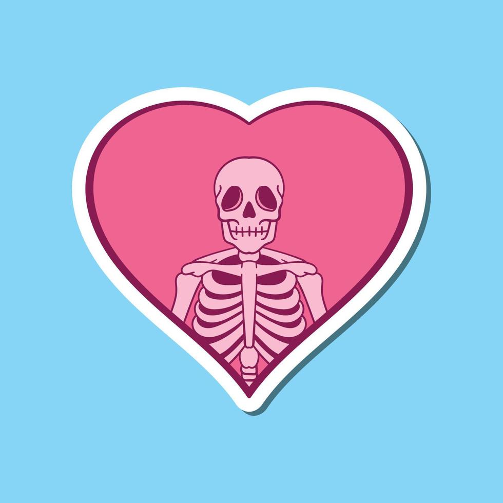 scheletro disegnato a mano con illustrazione di doodle del cuore per poster di adesivi per tatuaggi ecc vettore