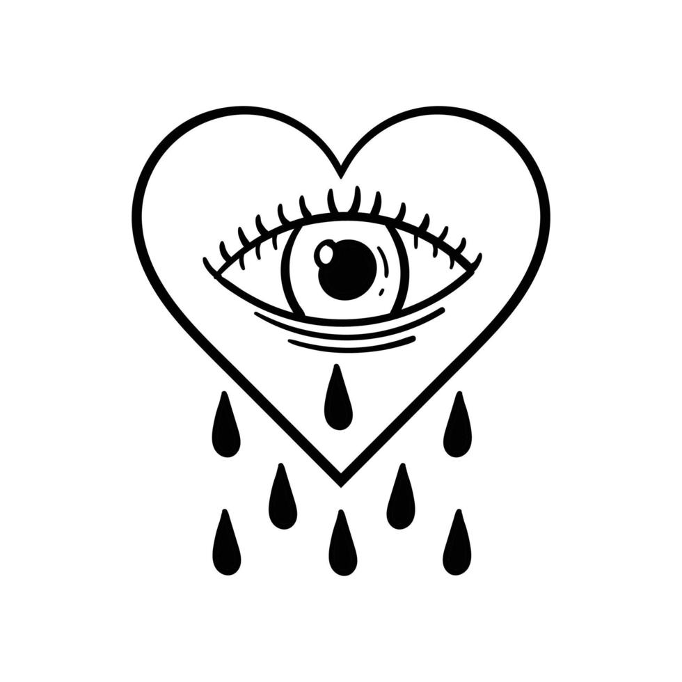 illustrazione disegnata a mano del doodle delle lacrime dell'occhio del cuore per il manifesto degli autoadesivi del tatuaggio ecc vettore