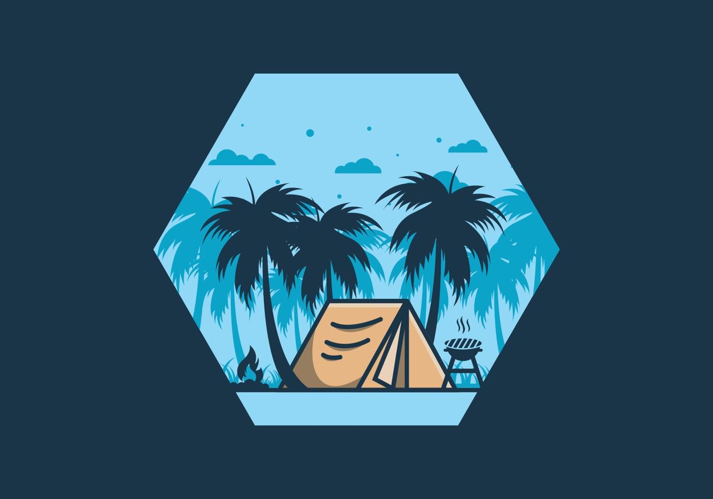 tenda da campeggio colorata e illustrazione di alberi di cocco vettore