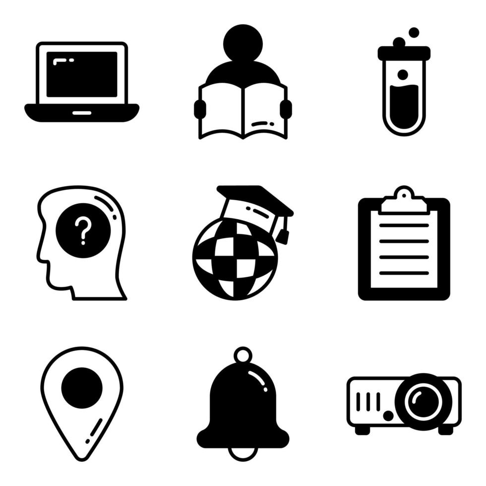 set di icone vettoriali per l'istruzione, in design piatto istruzione, scuola, raccolta di pittogrammi moderni e università con elementi per concetti mobili e app web.