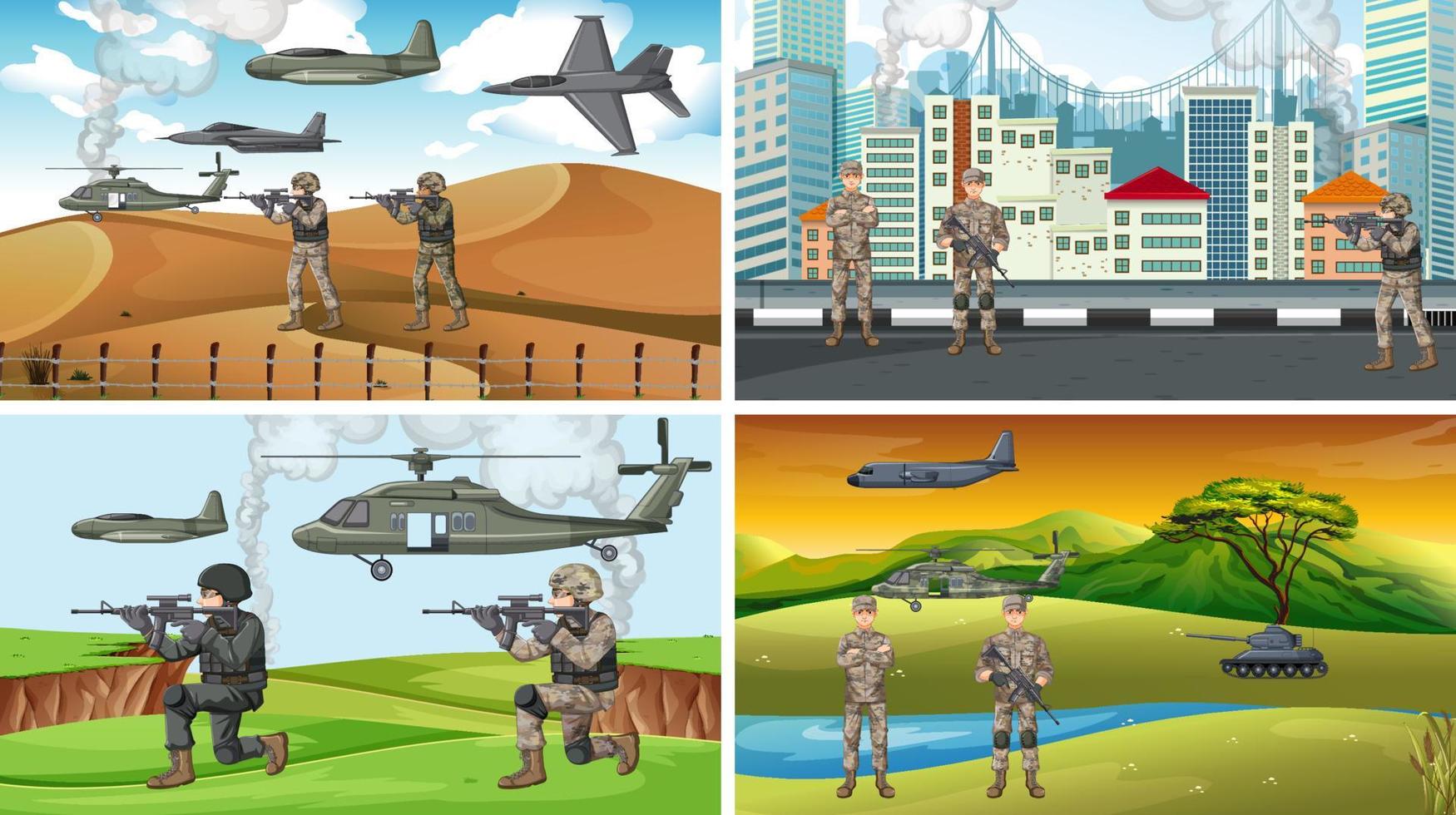 set di diverse scene di guerra dell'esercito vettore
