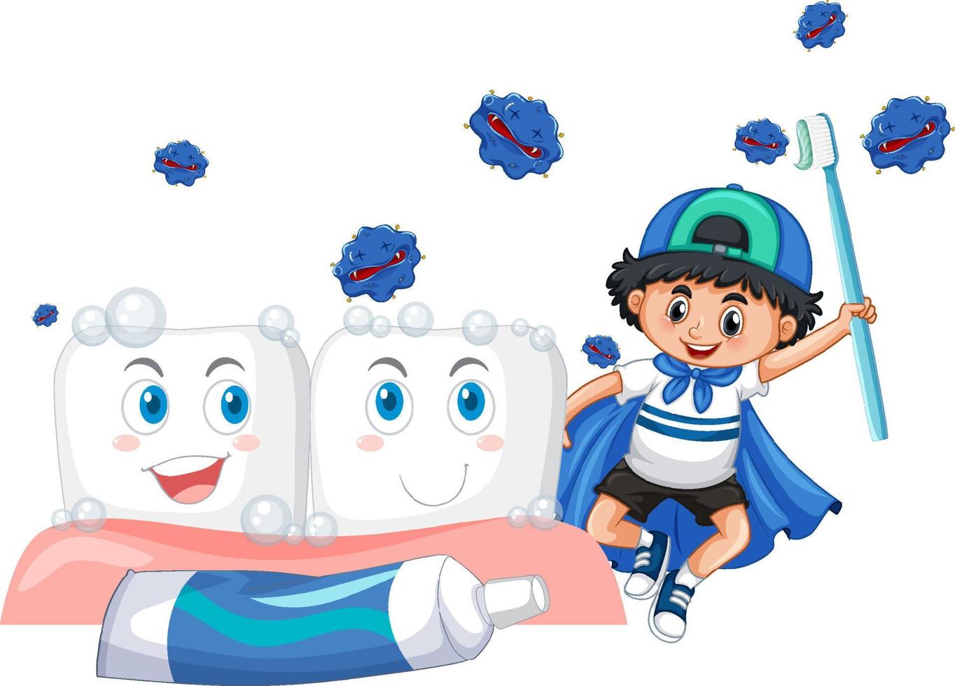 un ragazzino che tiene uno spazzolino da denti con grandi denti e batteri su sfondo bianco vettore