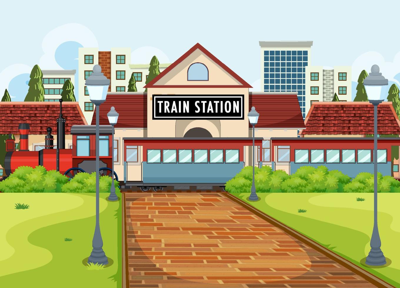 scena della stazione ferroviaria con locomotiva a vapore vettore
